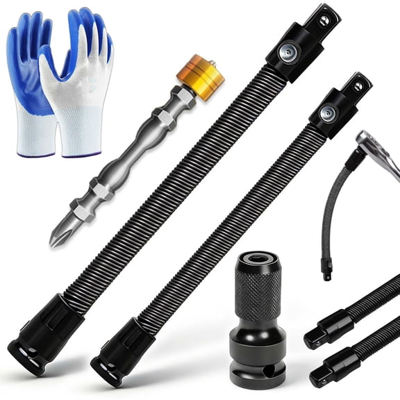 1/2 Flexible Shaft Extension Extender Torque Socket Ratchet Spanners Electric Wrench Connecting Rod, 1/2" Flexible Socket Extension Bar Conquer Tight Spaces, Universal Fit (250mm+350mm+Adapter+Bits