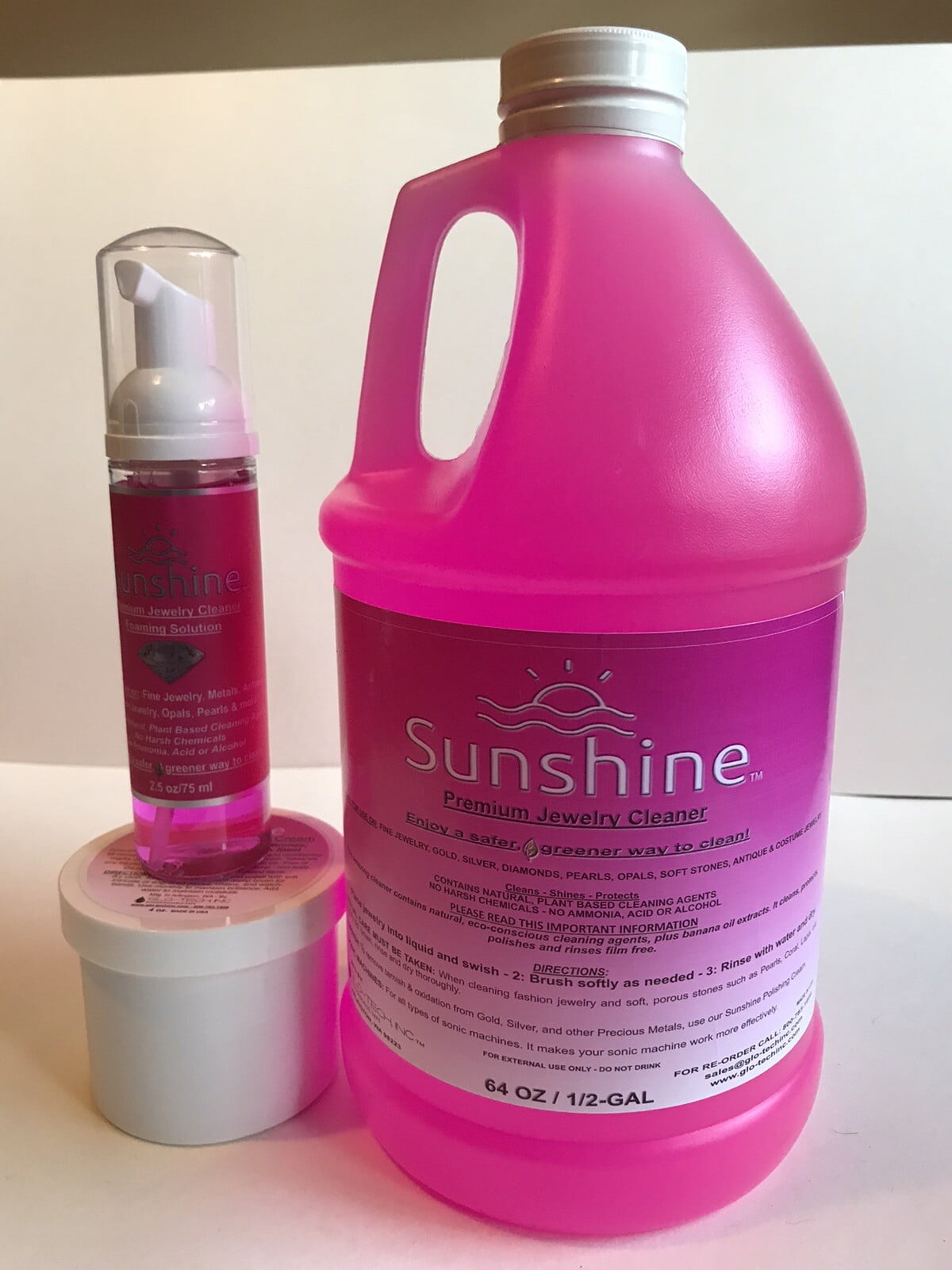 SUNSHINE BEVERAGES 1/2 Gal. Sunshine Jewelry Cleaner! 2.5oz Foamer, 4oz Metal Polish! All Metals