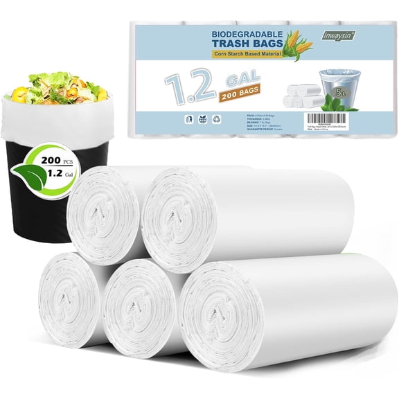 1.2 Gallon 200 Pcs Small Trash Bags Bathroom Garbage Bags, Clear White Office Waste Basket Liners Compost Bags for Kitchen, Office, Pet Litter, Car, 5-6 Liter