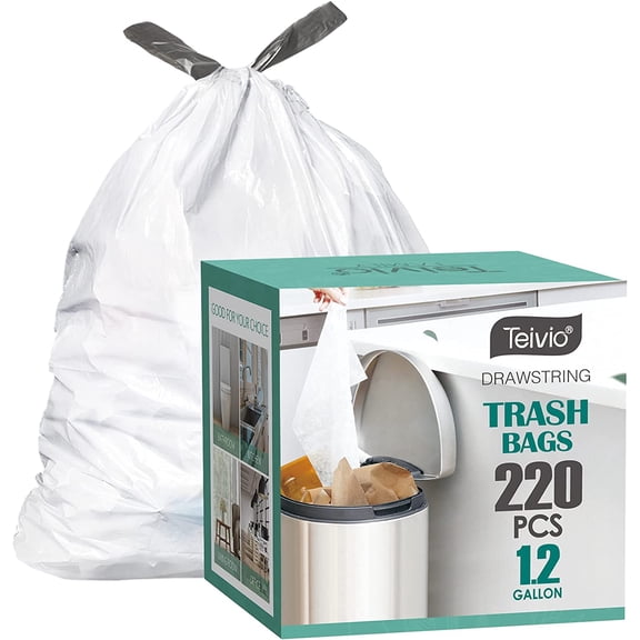 1.2 Gallon 220pcs Strong Drawstring Trash Bags Garbage Bags by , Bathroom Trash Can Bin Liners, fit 4.5-5 Liter Trash Can, 0.8, 1, 1.3Gal Small Plastic Bags for home office kitchen, White