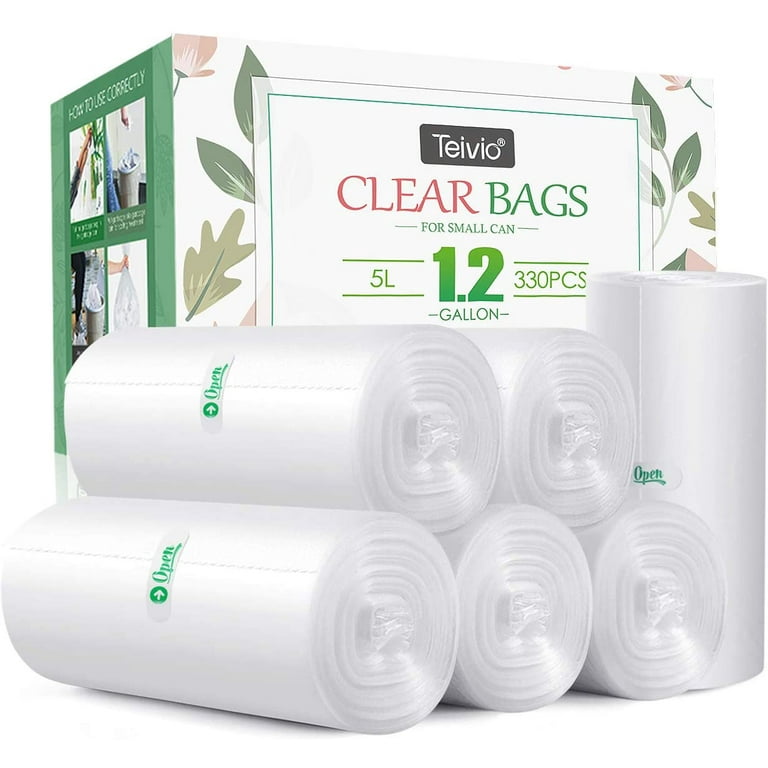 1.2 Gallon 330 Counts Strong Trash Bags Garbage Bags by Teivio, Bathroom Trash Can Bin Liners, Small Plastic Bags for Home Office Kitchen (Clear)