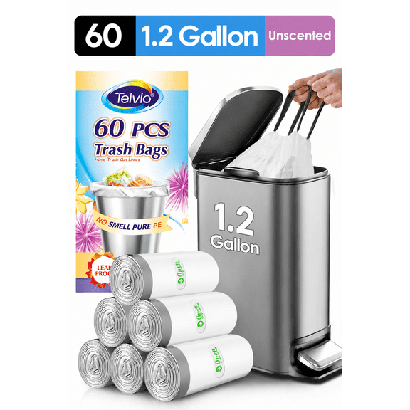 1.2 Gallon 80 Counts Mini Strong Drawstring Trash Bags Garbage Bags, Bathroom Trash Can Bags Waste Basket Liners, Small Plastic Bags for home office kitchen, fit 5 Liter 5L, 1 Gal, White