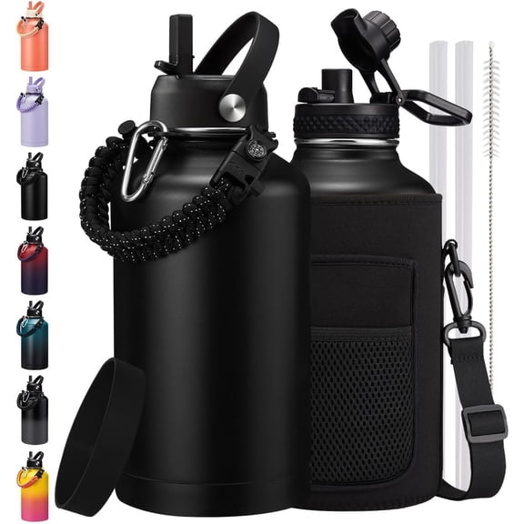 1/2 Gallon Water Bottle Insulated - Keep Cold 48H, with Carrier Pouch, Straw & Auto Spout Lid, Paracord Handle & Protective Boot, 64oz Water Jug Half Gallon Stainless Steel Flask Set