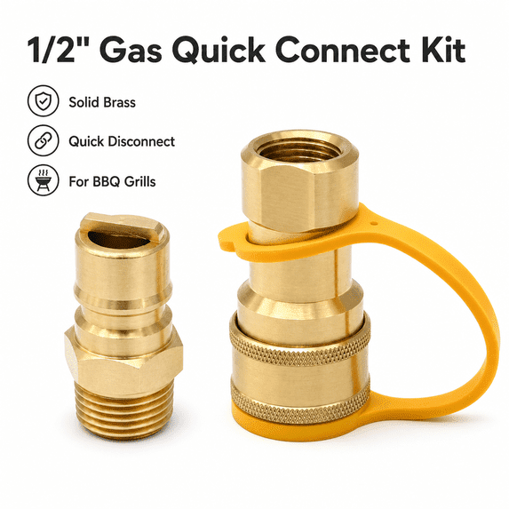 1/2" Gas Quick Connect Kit, Solid Brass Propane Disconnect Adapter for Natural Gas Hose, BBQ Grill, RV