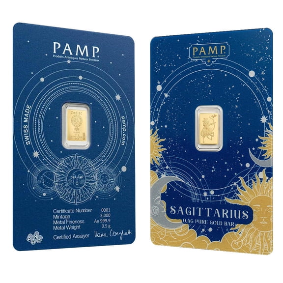 1/2 Gram PAMP Suisse Sagittarius Zodiac Gold Bar (in Assay)