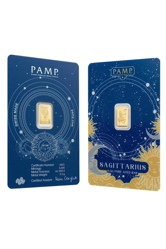 1/2 Gram PAMP Suisse Sagittarius Zodiac Gold Bar (in Assay)