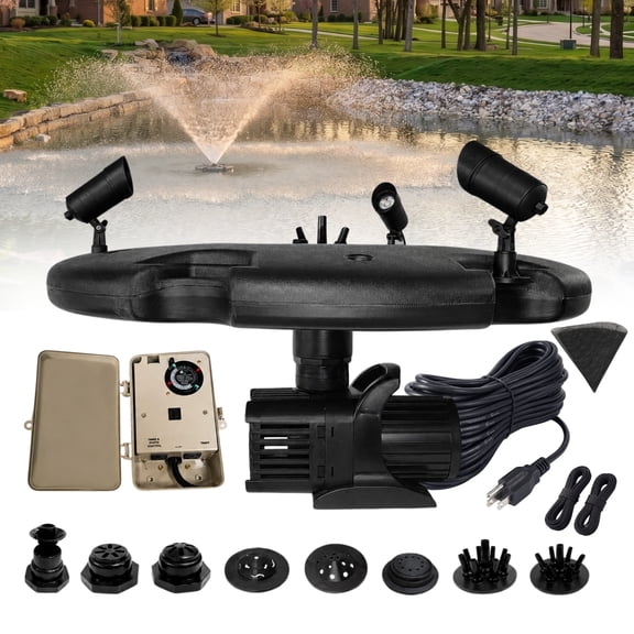 Half Off Ponds Floating Fountain, 1.2 HP, 10000 GPH, 100 ft Cord, 11 Patterns, Color Lights, Control Box