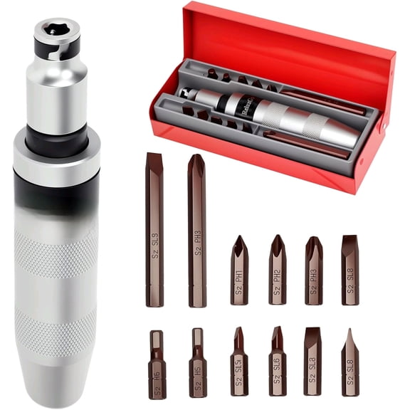 1/2" Hand Manual Impact Driver, Manual Reversible Impact Hammer Screwdriver Set Includes 12-Piece Slotted, Phillips, Hexagonal Bit Set, for Removing Rusted Fasteners or Frozen Bolts