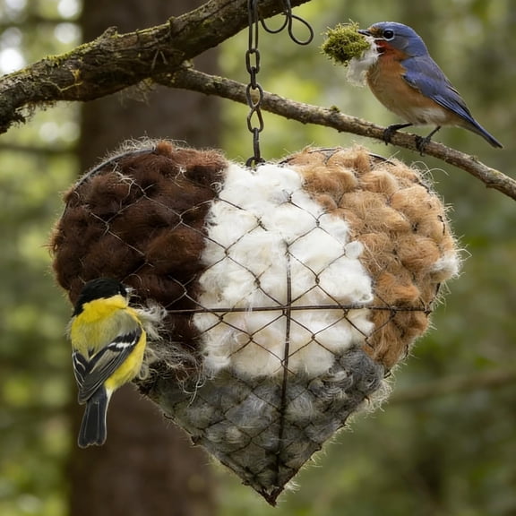 1/2 Handmade Fiber Bird Nesting Heart, Birds Nests Material Holder, Refillable Hummingbird Nest Holder with Nest Materials, Winter Fowl Gifts Animal Hummingbirds Lovers Home Garden Yard (2PCS)