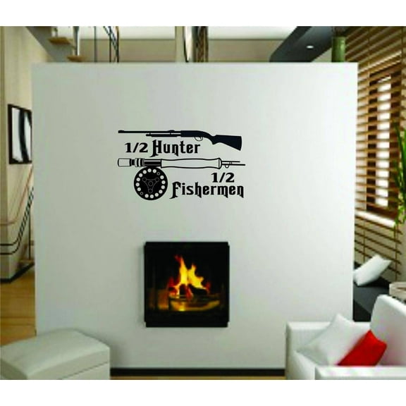 1/2 Hunter 1/2 Fisherman Outdoor Sports Hunting Fishing Hobby Hobbies Picture Art - Boys Room - Peel & Stick Sticker Wall Decal 6x15