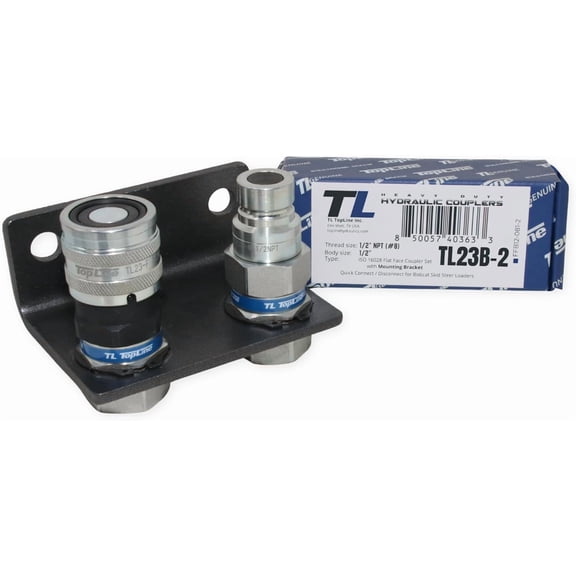 1/2" Hydraulic Quick Connect Coupler Set, Flat Face, 1/2" NPT, ISO 16028, Heavy-Duty Steel, Includes Mounting Bracket, Fits Skid Steer Bobcat Attachments - TL23B-2
