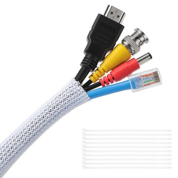 1/2 Inch 10ft Cord Cover Cable Sleeve, Split Braided Wire Loom Tubing, Cable Management Protector from Pet Chewing, for TV PC USB Wires + 10 Zip Ties