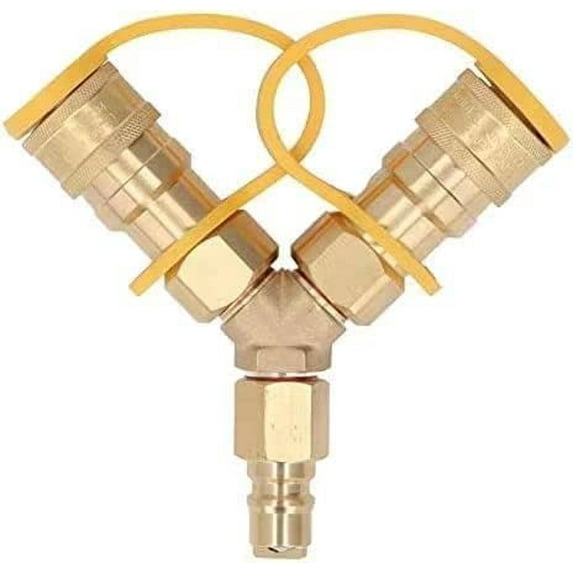 1/2 Inch 2-Way Natural Gas Y Splitter with Quick Connect Fittings & Shut Off Valve - Durable Brass Adapter for Grills, Heaters, Pizza Ovens, RVs (1/2" Female Pipe Thread x Flare)