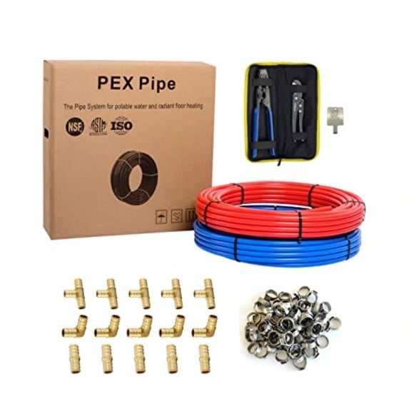 1/2 Inch 2 x100 ft Pex-b Pipe/Tubing 200 Ft For Potable Water Cold Hot Water Brass Fitting Crimping Clamp Tool Cinch Clamps Cutter Combo Kit (All in One) (E99KIT)