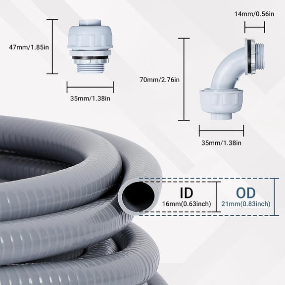 1/2 Inch 25FT Liquid Tight Conduit and Connector Kit, Flexible Non Metallic Electrical Conduit, with 5 Straight Angle Fittings, Suitable for Outdoor Lighting