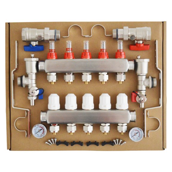 1/2 Inch 5-Branch PEX Radiant Floor Heating Manifold Set Geothermal Water Separator