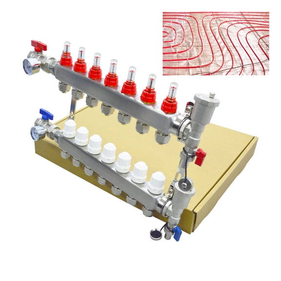 1/2 Inch 7-Branch PEX Radiant Floor Heating Manifold Set Geothermal Water Separator