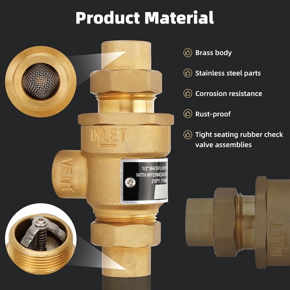 1/2 Inch 9D-M3 Backflow Preventer Brass Dual Check Valve with Intermediate Atmospheric Vent,1/2 Inch,Female Union Inlet and Outlet,190T012$$Plumbing & HVAC