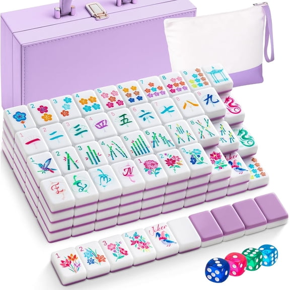 1.2 Inch Acrylic Pink American Mahjong Set 168 Blossom Numbered Tiles, Tiles Bag and Portable Travel Case Classic Complete Mahjong Set for Adult Collection Gift