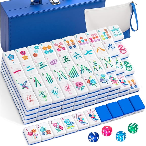 1.2 Inch Acrylic Pink American Mahjong Set 168 Blossom Numbered Tiles, Tiles Bag and Portable Travel Case Classic Complete Mahjong Set for Adult Collection Gift