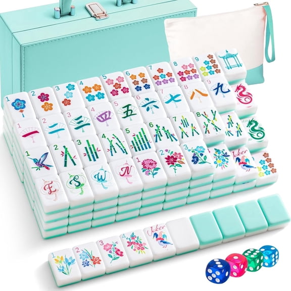 1.2 Inch Acrylic Pink American Mahjong Set 168 Blossom Numbered Tiles, Tiles Bag and Portable Travel Case Classic Complete Mahjong Set for Adult Collection Gift