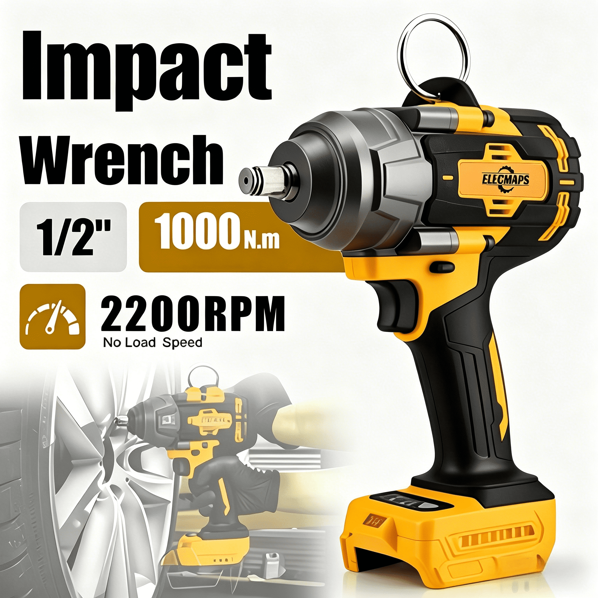 ELECMAPS 1/2 Inch Cordless Impact Wrench for DeWalt 20v Battery, 740Ft-lbs (1000N.m) Impact Wrench, High Torque Brushless Electric Impact Gun for Auto Repair, Home Projects & Workshop Use(Tool Only)