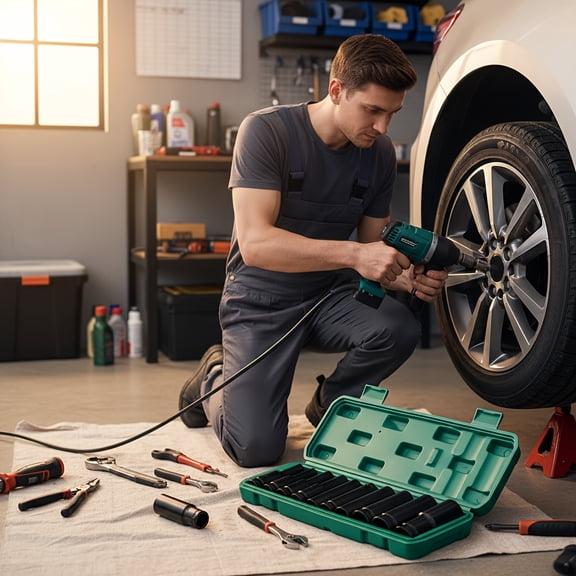 1/2 Inch Deep Impact Socket Set with Green Storage Case, High-Quality Metal, for Electric & Pneumatic Drills, Perfect for Tire Change, Car Repair & Mechanical Work