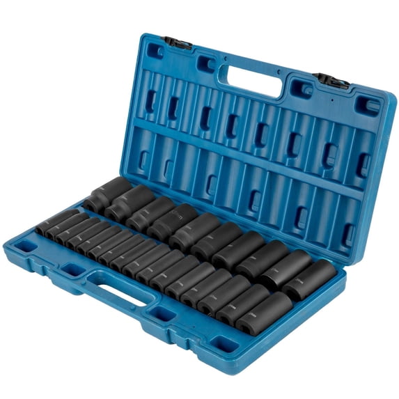 1/2 Inch Drive 26-Piece Deep Impact Socket Set, 6-Point Metric Sockets 10mm-36mm, Cr-V Construction, Storage Cage Included