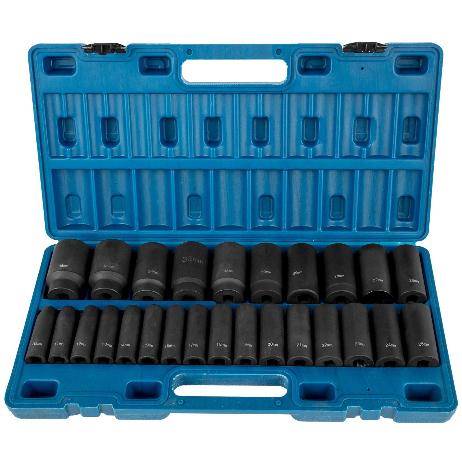 1/2 Inch Drive 26-Piece Metric Impact Socket Set, Deep 6-Point Design, Cr-V Material, Includes Storage Cage (10mm-36mm)