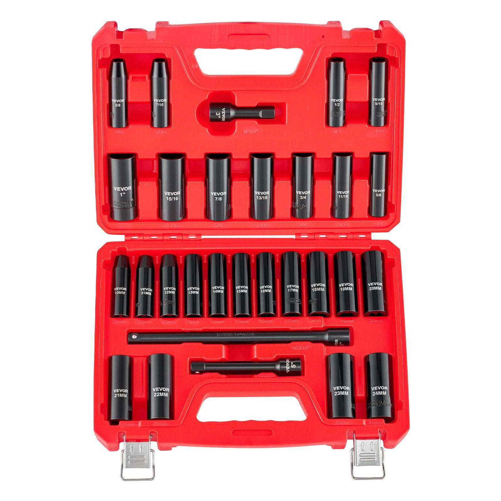 1/2 Inch Drive 29 Piece Impact Socket Set SAE 3/8 to 1 Inch and Metric 10 to 24 mm 6 Point Deep Sockets with 3 5 10 Inch Extension Bars Cr-V Steel Heavy Duty Carrying Case
