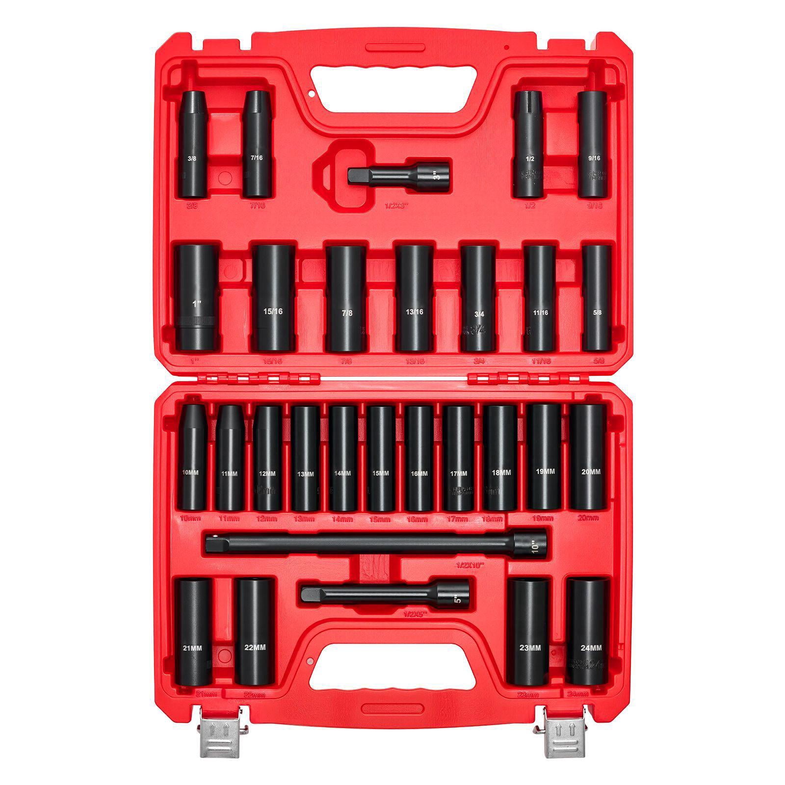1/2 Inch Drive 29 Piece Impact Socket Set SAE 3/8 to 1 Inch Metric 10 to 24mm 6 Point Deep Sockets with 3 5 10 Inch Extension Bars Cr-V Steel Heavy Duty Carrying Case