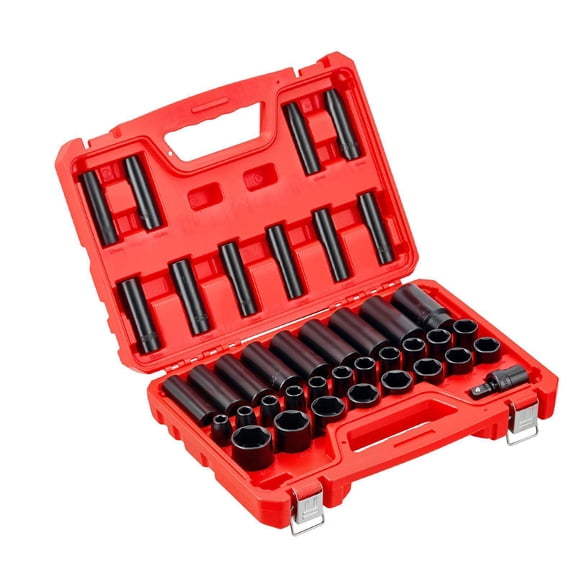 1/2 Inch Drive 39 Piece Impact Socket Set Metric 9mm to 30mm 6 Point Deep and Shallow Sockets Chrome Vanadium Steel Heavy Duty Case