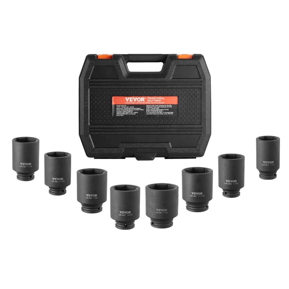 1/2 Inch Drive 8 Piece SAE Axle Nut Impact Socket Set Deep 6 Point CR MO Heat Treated with Storage Case for Auto Repair