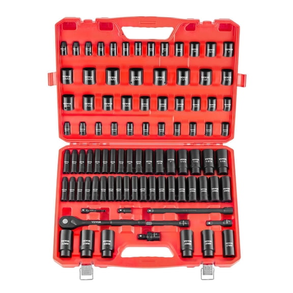 1/2 in Drive Impact Socket Set, 91 Piece, 6 Point Deep & Shallow Impact Sockets, SAE (5/16 to 1-1/4 in) and Metric (8 to 32 mm) Sizes with Extension Bars (3, 5, 10 in), Cr-V Steel, Carrying Case