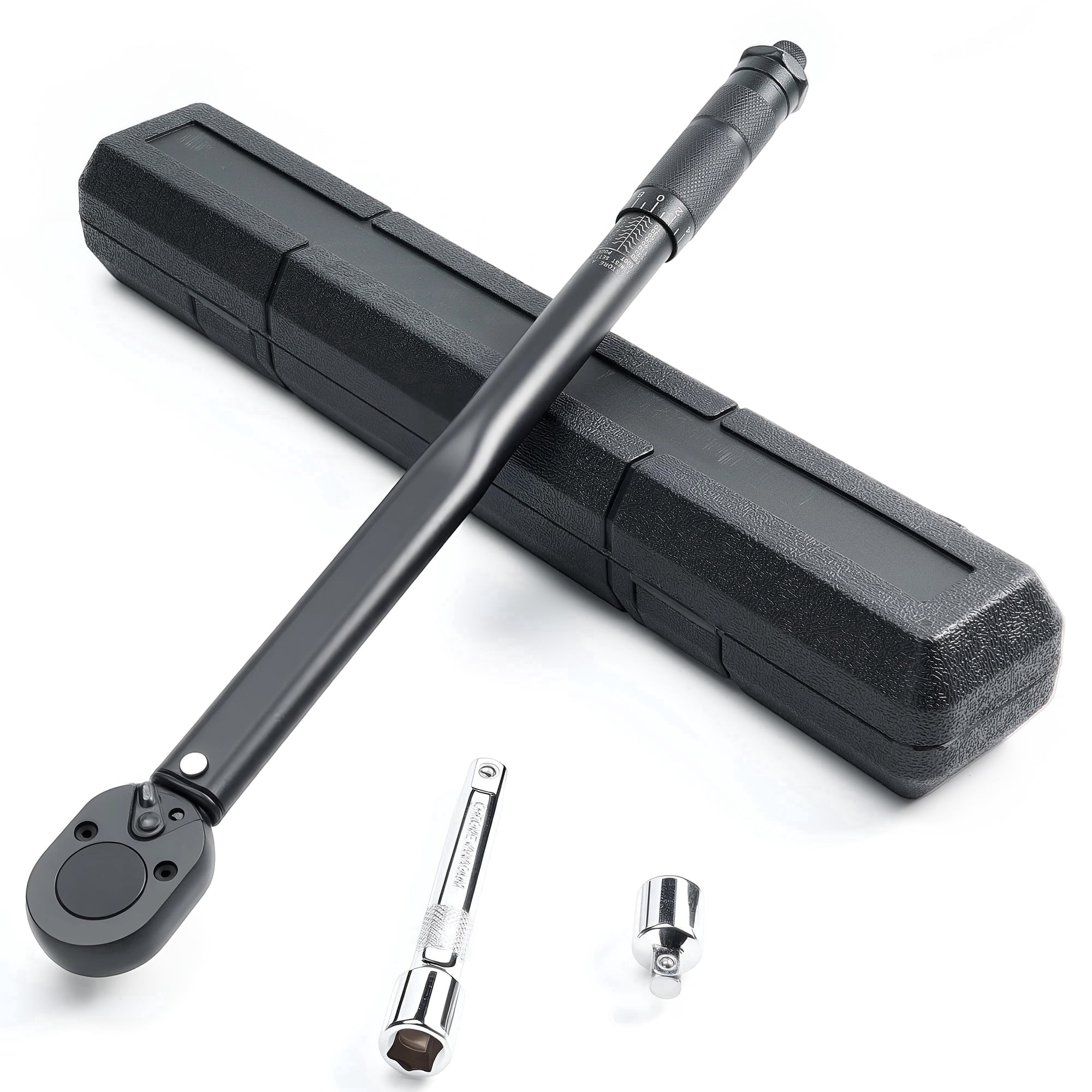 Heavy Duty 1/2-inch Drive Click Torque Wrench 10-150 ft.lb/13.6-203.5 Nm, Dual Range Scales, Includes Adapters and Extension Rod