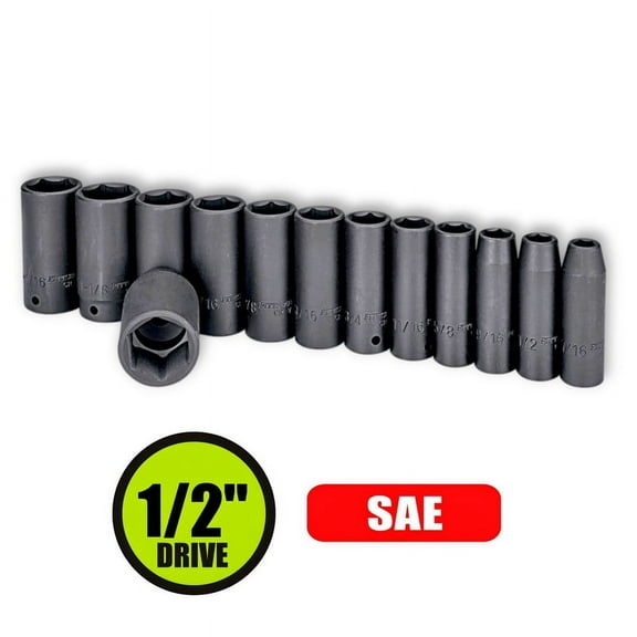 1/2 Inch Drive Deep Impact Socket Set, SAE , 13-Piece with Socket Holder PITTSBURGH