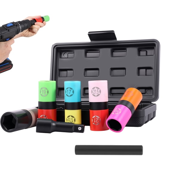 1/2 Inch Drive Half Size Lug Nut Flip Socket Set Wheel Protector Impact Deep Socket with Non Marring Sleeve and Thin Wall Design for Car CR-MO Steel Metric