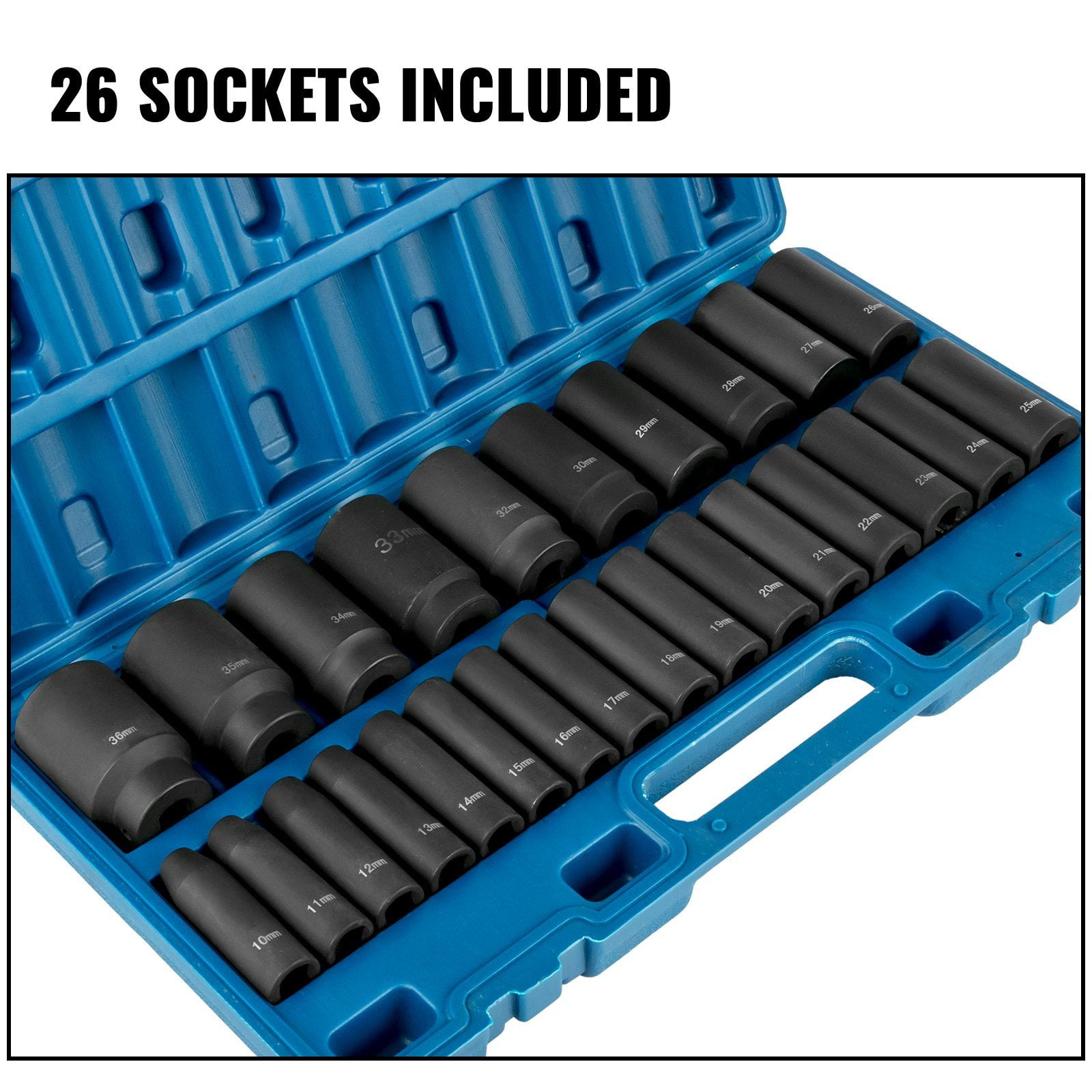 1/2 Inch Drive Impact Socket Set 26-Piece, Deep 6-Point Metric Sockets (10mm-36mm), Heavy-Duty Cr-V, Includes Storage Cage