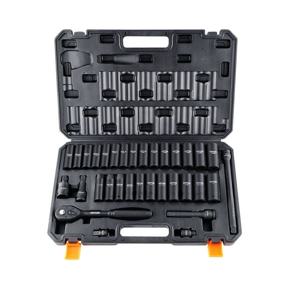 1/2 Inch Drive Impact Socket Set 33 Piece SAE 3/8 Inch to 1 Inch and Metric 10mm to 24mm 6 Point Chrome Vanadium Alloy Steel Auto Repair Socket Set with Storage Case