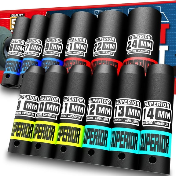 1/2" Drive Deep Impact Socket Set, Metric, CR-V Material, 6 Point, 8mm to 22mm 12pcs