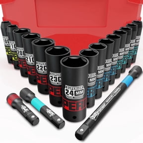 1/2 Drive Deep Impact Socket Set, 18 Piece Metric, 10mm - 24mm, with Extension Bars:3-inch, 5-inch, 10-inch, Cr-MO Steel, 6-Point
