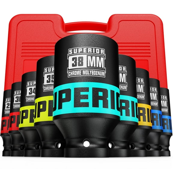 9 Piece 1/2” Drive Deep Axle Nut Impact Socket Set, Metric, 29mm-38mm