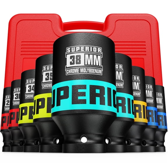 9 Piece 1/2" Drive Impact Socket Set, 29 mm-38 mm Axle Nut Socket, Metric, CR-MO, 6 Point, Large Equipment Maintenance, Home Repair, Car Repair and More