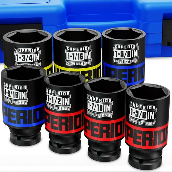 7 Piece 1/2” Drive Deep Axle Nut Impact Socket Set, SAE, 1-3/8" - 1-3/4", CR-MO, 6 Point