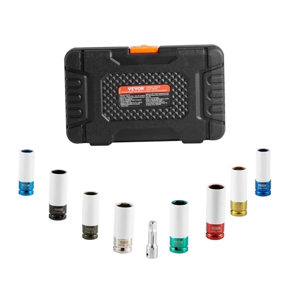 1/2 Inch Drive Lug Nut Impact Socket Set-6-Point Deep Metric and SAE Sockets,8 Sizes,CR-MO Steel with Storage Case and Extension Bar for Automotive Repair