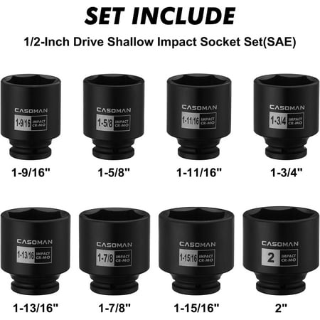 1/2-Inch Drive Shallow Spindle Axle Nut Impact Socket Set,1-9/16" to 2", 6-Point, SAE, CR-MO, 8 Piece 1/2" Heavy Duty Impact Socket Set