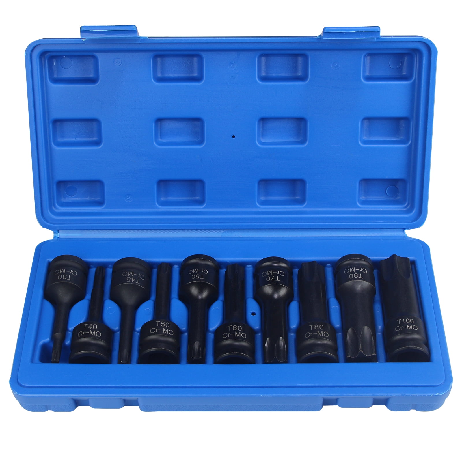 1/2 Inch Drive Torx Impact Socket Set with 10pcs Extra Long Bits, Cr-Mo Steel, Sizes T30 to T100 (T30, T40, T45, T50, T55, T60, T70, T80, T90, T100 Included), 3-Inch Bits, Complete with Storage Case