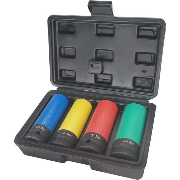 1/2 Inch Drive Wheel Protector Socket, Thin Wall Deep Socket Set with Plastic Sleeve, Metric, 4 count Set, 17mm, 19mm, 21mm, 22mm