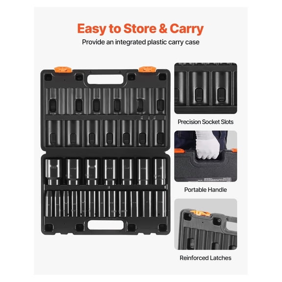 1/2 Inch Impact Socket Set 19 Piece - Deep 6-Point Sockets, Cr-V Steel, 3/8-1-1/2 Inch Drive, with Storage Case for Mechanics & Automotive