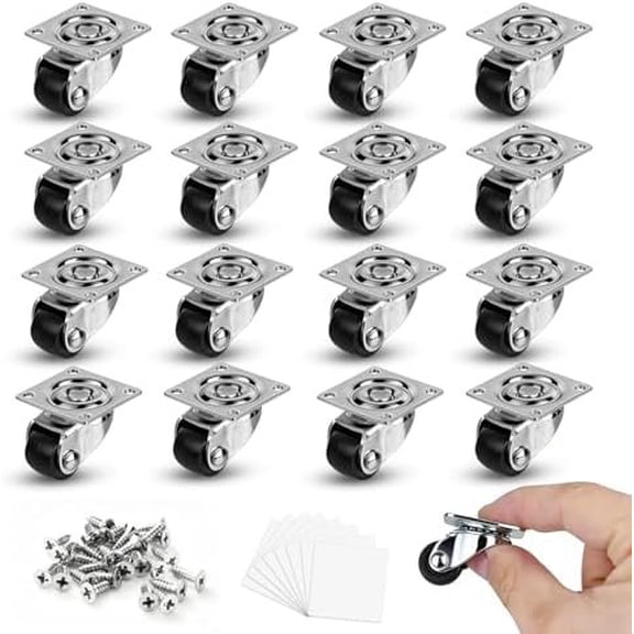 1/2 Inch Mini Caster Wheels Set of 16, Low Profile Self Adhesive Plate Casters, 360- Swivel Little Nylon Wheels for Furniture, Kitchen Appliances, Storage Boxes, DIY Small Projects